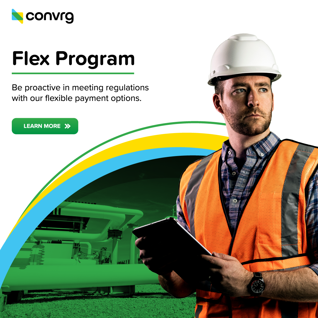 Man with a clipboard dressed in safety gear.  Copy that introduces the Flex Program. 